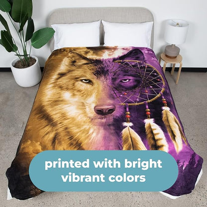 Dawhud Direct Dreamcatcher Wolf Fleece Blanket - 75x90 Inch Super Soft Plush Throw for Bed or Couch - King Size Wolf Blanket for Women, Men and Kids - Cozy Dreamcatcher Decor for Bedroom, Living Room