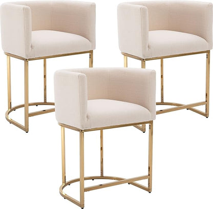 Modern Counter Height Linen Upholstered Bar Stools Set of 3, 24" Kitchen Counter Island Stools Bar Chairs with Gold Metal Frame for Kitchen Island, Cream