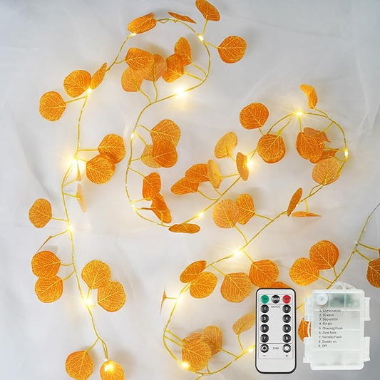 suddus Vine with Fairy Lights Battery Operated, 33ft 100 LED Eucalyptus Leaf String Lights with Remote, Dimmable Fall Garland with Lights for Bedroom Indoor Thanksgiving Christmas Decor (Warm White)