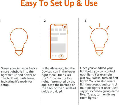 Amazon Basics Smart A19 LED Light Bulb, Color Changing, 9W (60W Equivalent), 800LM, Works with Alexa Only, 2.4 GHz Wi-Fi, No Hub Required, 1 Pack