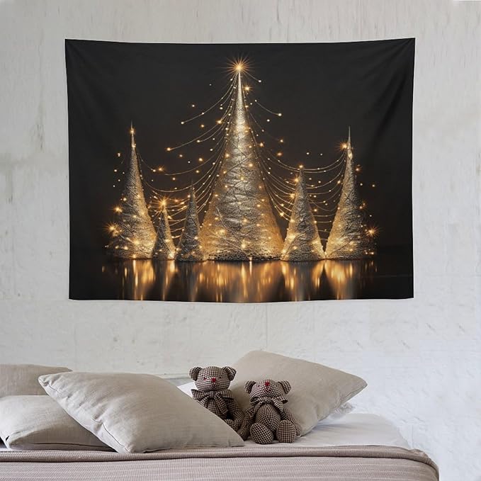 Tapestry As Wall Art Silver Lighted Christmas Trees Tapestry Vintage Christmas Tapestry for Bedroom Aesthetic Wall Art Decor for Bedroom Living Room Dorm 30"x40" Christmas Family Party