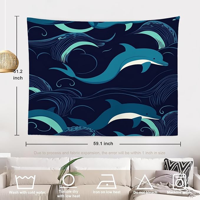 Batmerry Ocean Sea Waves Tapestry, Dolphin Nautical Wall Art Hanging Decoration Polyester Fiber White Ruffled Around for Dorm Room Bedroom Living Room, 51.2x59.1 inches