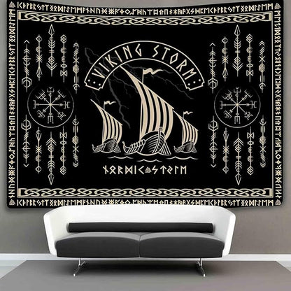 OSUNBD Nordic Vikings Tapestry Vikings Boat Hanging Home Decor Vegvisir Runes Artwork Pagan Tapestry Art Hanging Decor Large Size 78.7”x59.1” for Bedroom Living Room Dorm