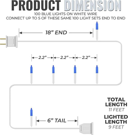 612 Vermont 100 Blue Christmas Lights on a White Wire String, UL Approved, Indoor/Outdoor Use, 18’ of Lighted Length, 20’ of Total Length