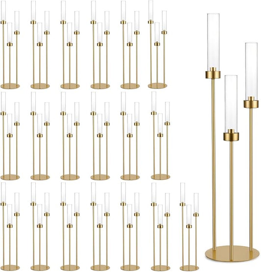 Vincidern 20pcs Gold Candelabra with Acrylic Lampshade, 3 Arm Taper Candle Holder, 33.8 in Tall Metal Candlestick for Table Centerpieces, Halloween, Christmas, Wedding Decor