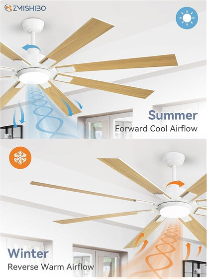 ZMISHIBO 72 inch White Ceiling Fans with Lights and Remote, Indoor/Outdoor Ceiling Fan for Patio Living Room, 6 Speed Reversible Quiet DC Motor, 3 CCT, Dual Finish Blades