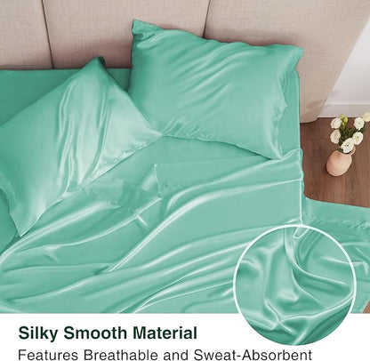 Love's cabin Full Satin Bed Linen Set, 4 Piece, Aqua, Silky Soft, Luxury Feeling, Wrinkle Resistant, Deep Pockets, Fitted & Flat Sheets, 2 Pillowcases