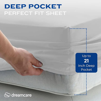 DREAMCARE Queen Sheet Set – 4 pcs Cooling Sheets – up to 21” Extra Deep Pocket Queen Sheets – Hotel Luxury Sheets & Pillowcases – Superior Softness 100% Fine Microfiber with Side Pocket – Light Gray