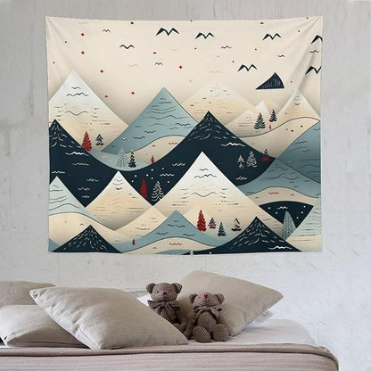 Tapestry Snow Mountain Scandinavian Winter Aesthetic Bedroom Tapestries Happy New Year Wall Tapestry Wall Decor for Bedroom Living Room Dorm Landscape 50"x60" Tapestries Winter Snowflake Decorative