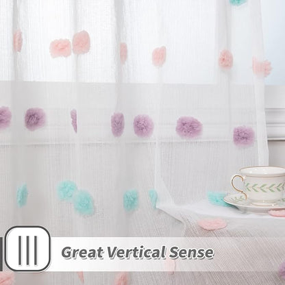 MYSKY HOME Small Window Curtains 45 Inches Long for Kitchen Bedroom Living Room Rainbow Pom Pom Curtains for Girls Baby Room Rod Pocket 2 Sets Boho Sheer Window Drapes 52 x 45 inch Length