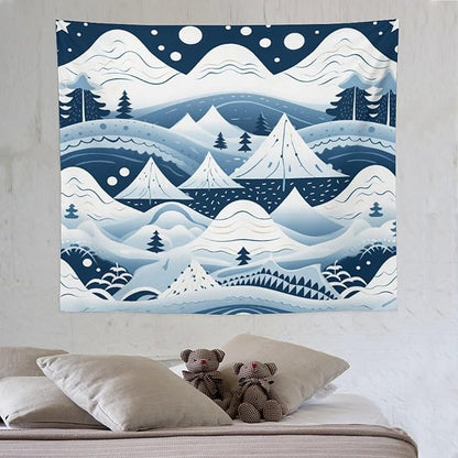 Wall Tapestry Snow Mountain Scandinavian Winter Tapestry Happy New Year Vintage Aesthetic Tapestry Wall Hanging Wall Art for Bedroom Wall Hanging for Room 50"x60" Christmas Family Party