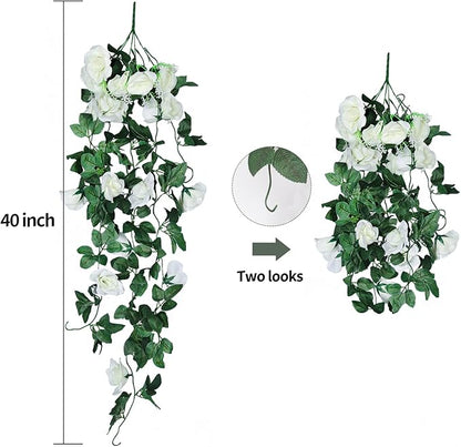 RECUTMS Artificial Plants Hanging 2Pieces 3.3Ft Rose Plant Flowers Vines Wedding (White)