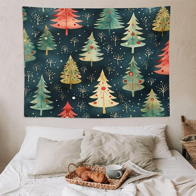 MaSiledy Vintage Christmas Tree Watercolor Tapestry As Wall Art Xmas Rustic Winter Holiday Vintage Aesthetic Tapestry Wall Hanging Landscape Tapestry Home Decoration for Living Room Bedroom 60"x80"
