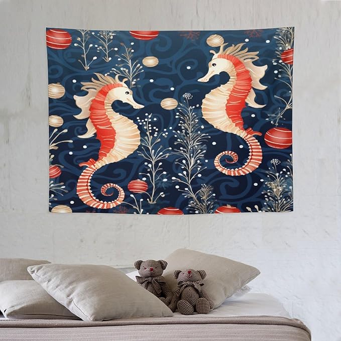 Seahorse Christmas Kiss Beach Tapestry Wall Hanging Vintage Ocean Seahorse Vintage Aesthetic Tapestry Wall Hanging Landscape Tapestry Wall Art for Home Decor 30"x40" Christmas Family Party