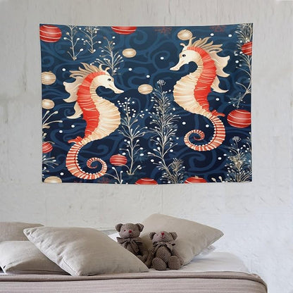 Seahorse Christmas Kiss Beach Tapestry Wall Hanging Vintage Ocean Seahorse Vintage Aesthetic Tapestry Wall Hanging Landscape Tapestry Wall Art for Home Decor 30"x40" Christmas Family Party