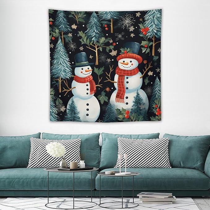 Snowman Couple Tapastry's Wall Hanging Christmas Winter Snowman Wall Hanging Wall Tapestry Aesthetic Landscape Tapestry Wall Hanging for Living Room Dorm 60"x60" Christmas Family Party