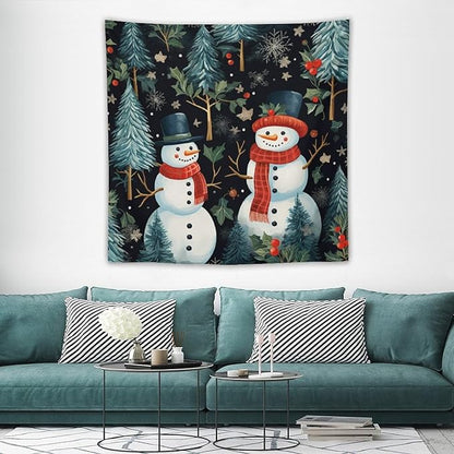 Snowman Couple Tapastry's Wall Hanging Christmas Winter Snowman Wall Hanging Wall Tapestry Aesthetic Landscape Tapestry Wall Hanging for Living Room Dorm 60"x60" Christmas Family Party