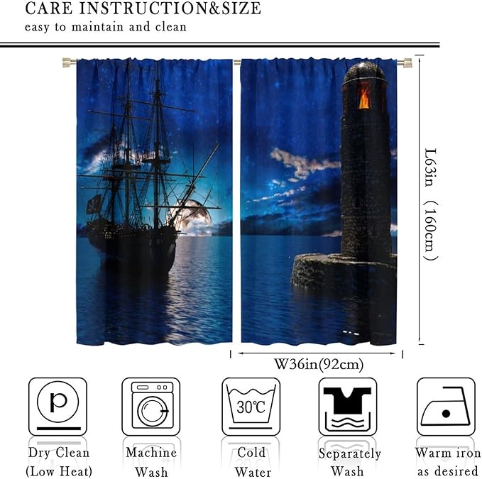 Pirate Ship Curtains, Nautical Sailboat Sailing Ocean Adventure Full Moon Cloudy Night Sky Old Lighthouse Print Blackout Window Treatments for Bedroom Living Room 72x63in