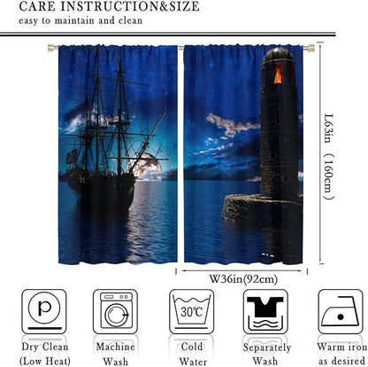 Pirate Ship Curtains, Nautical Sailboat Sailing Ocean Adventure Full Moon Cloudy Night Sky Old Lighthouse Print Blackout Window Treatments for Bedroom Living Room 72x63in