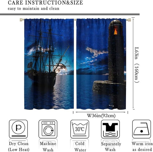 Pirate Ship Curtains, Nautical Sailboat Sailing Ocean Adventure Full Moon Cloudy Night Sky Old Lighthouse Print Blackout Window Treatments for Bedroom Living Room 72x63in