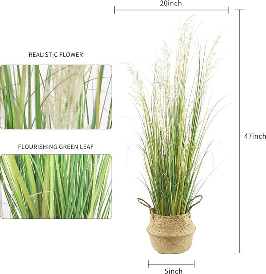 4ft(47in) Tall Artificial Grass Plant with White Reed Flowers in Pot, Faux Indoor Home Decorative Plants for House