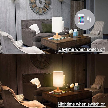 LOPYEIJFG Minimalist Bedside Table Lamp Seamless with Hand Drawn Rainbows and Sun Trendy Baby Texture for Wood Nightstand Lamp Bedside Desk Lamp Wood Base Flaxen Fabric Shade for Bedroom Living Room