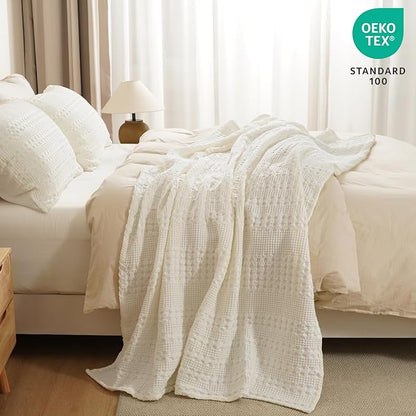PHF 100% Cotton Waffle Weave Throw Blanket, Soft Lightweight Breathable Cozy Throws for Couch Bed Sofa, Luxury Aesthetic Woven Blanket for Home Decor & Office, 50"x60", Ivory