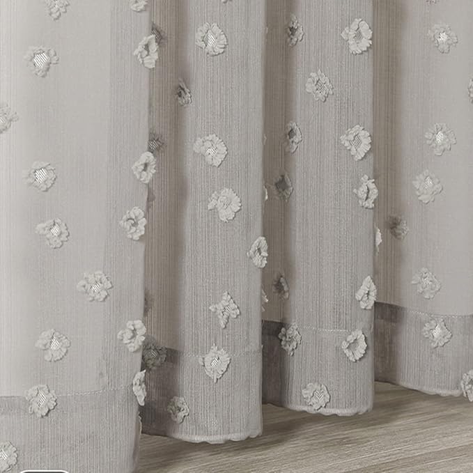 MYSKY HOME Grey Sheer Short Curtains with Pom Pom for Small Windows Bedroom Nursery Kids Girls Room Curtains Cafe Kitchen Light Filtering Boho Drapes, Rod Pocket,52 x 54 Inches, 2 Panels
