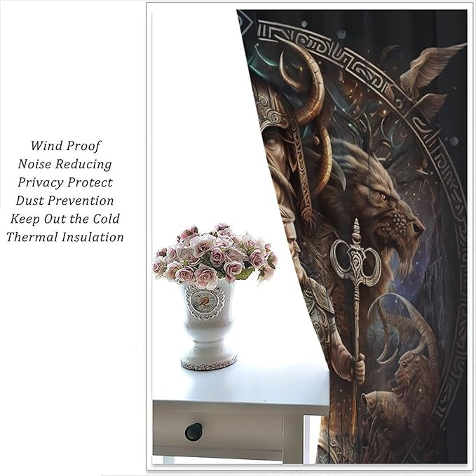 Cool Norse Viking Theme Curtains - Fantasy Ancient Symbols Wildlife Wolf Nordic Vikings Thermal Insulated Blackout Curtains - Rod Pocket Window Treatment Drapes for Bedroom 2 Panels 63L x 21W