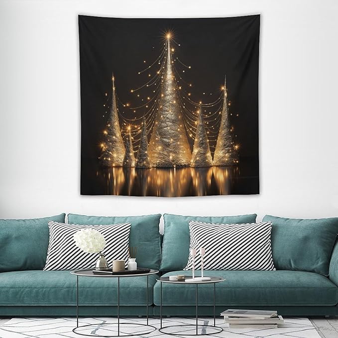 MaSiledy Silver Lighted Christmas Trees Wall Tapestry Happy New Year Vintage Aesthetic Tapestry Wall Hanging Landscape Tapestry Wall Art for Bedroom Wall Hanging for Room 60"x60"