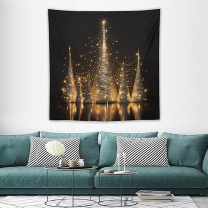 MaSiledy Silver Lighted Christmas Trees Wall Tapestry Happy New Year Vintage Aesthetic Tapestry Wall Hanging Landscape Tapestry Wall Art for Bedroom Wall Hanging for Room 60"x60"