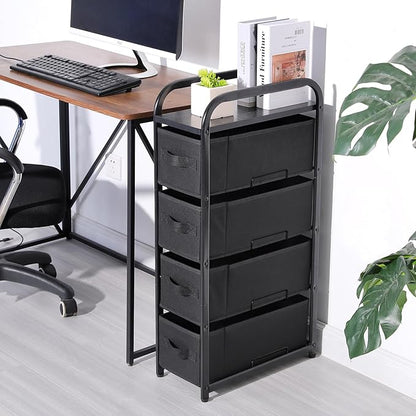 MAX Houser 4 Drawer Narrow Dresser Fabric Storage Tower Vertical Slim Storage Chest Organizer Nightstand Side/End Table Small Standing Organizer Removable Drawers Wood Top for Bedroom, Bathroom（Black)