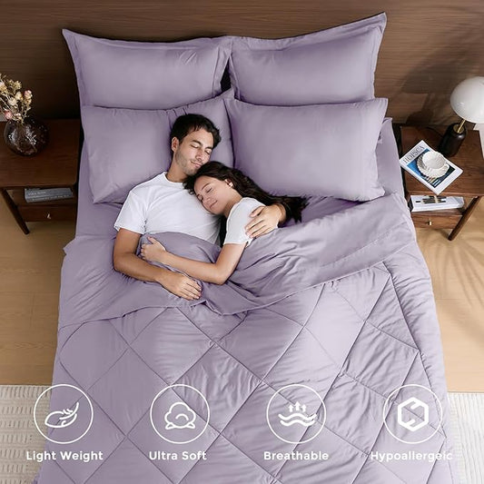 HEVUMYI King Purple Comforter Set - 7-Piece All Season Bed in a Bag King, Ultra Soft Bedding Set with Comforter, Flat Sheet, Fitted Sheet, Pillowcases, Pillow Shams, Lavender Purple