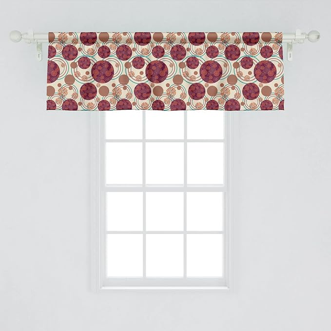 Lunarable Geometric Circle Window Valance Pack of 2, Ring Spherical Disco Balls Dot and Stripes Swirls Display Print, Rod Pocket Curtain Valances for Kitchen Bedroom, 54" X 18", Maroon Beige
