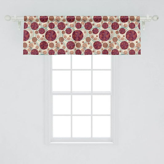 Lunarable Geometric Circle Window Valance Pack of 2, Ring Spherical Disco Balls Dot and Stripes Swirls Display Print, Rod Pocket Curtain Valances for Kitchen Bedroom, 54" X 18", Maroon Beige