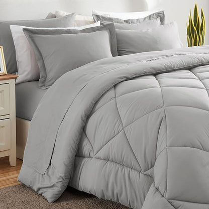 CozyLux Full Size Comforter Sets Light Grey - 7 Pieces Bed in a Bag Full, Luxury Soft Bed Set for All Seasons, Bedding Set with Down Alternative Comforter, Sheets, Pillowcases & Shams
