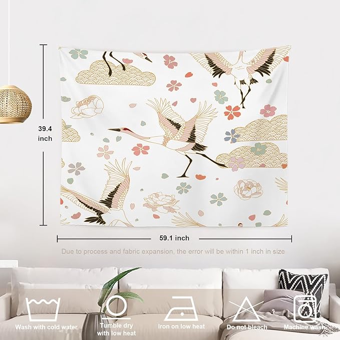 Batmerry White and Gold Japanese Tapestry, Rustic Wall Art Hanging Decoration Polyester Fiber White Ruffled Around for Dorm Room Bedroom Living Room, 39.1x59.1 inches