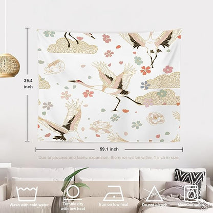 Batmerry White and Gold Japanese Tapestry, Rustic Wall Art Hanging Decoration Polyester Fiber White Ruffled Around for Dorm Room Bedroom Living Room, 39.1x59.1 inches