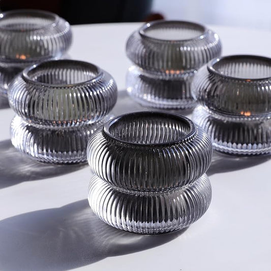 Woho Smoke Grey Ribbed Votive Candle Holder Set of 12, Vintage Tea Lights Candle Holder for Halloween Decorations, Glass Tealight Candle Holders for Holiday Party/Home Decor (Grey, 2.1" H X 2.75" D)