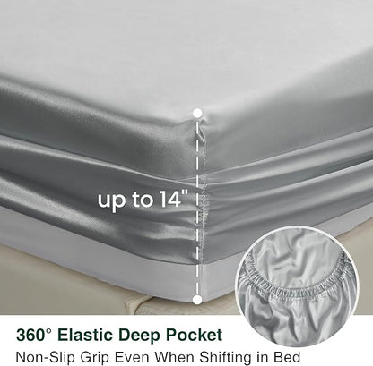 Love's cabin Twin Satin Sheets Sets - 3 Piece Silver Silky Bed Sheets with Deep Pockets, Luxury Silk Feel Satin Twin Size Sheet Set Bedding Set (1 Flat Sheet,1 Fitted Sheet,1 Pillow case)