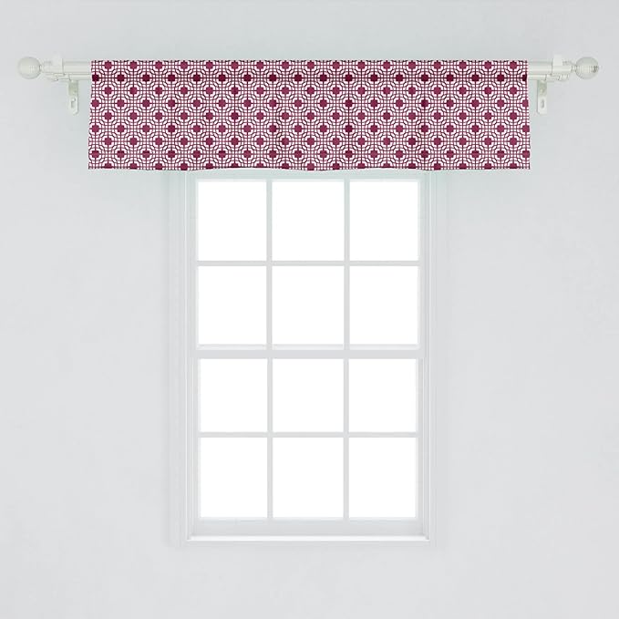 Lunarable Grid Window Valance Pack of 2, Traditional Abstract Symmetric Line Art Mesh Lines Squares, Rod Pocket Curtain Valances for Kitchen Bedroom, 54" X 12", Magenta White