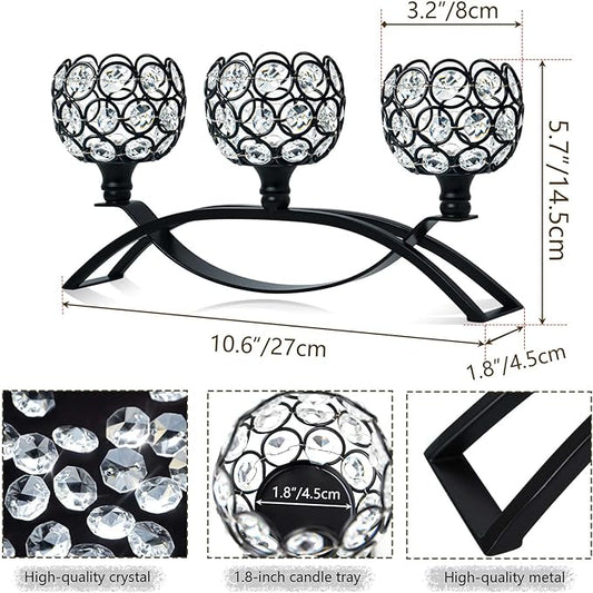 Crystal Tealight Candle Holder Centerpiece Home Decorative Candlestick Holder Elegant Table Centerpiece Home Decor Wedding Party Anniversary (Black, 3 Arm)