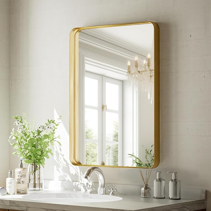 VooBang Bathroom Mirror 20x30 inch, Gold Gorgeous Deep Frame Wall Mirror, Modern Round Corner Bathroom Vanity Mirror for Bedroom, Living Room, Hanging or Leaning Horizontal or Vertical, Gold
