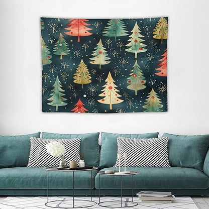 Vintage Christmas Tree Watercolor Tapestry As Wall Art Winter Christmas Tapestry for Bedroom Aesthetic Landscape Tapestry Wall Hanging for Dorm Living Room 30"x40" Christmas Family Party
