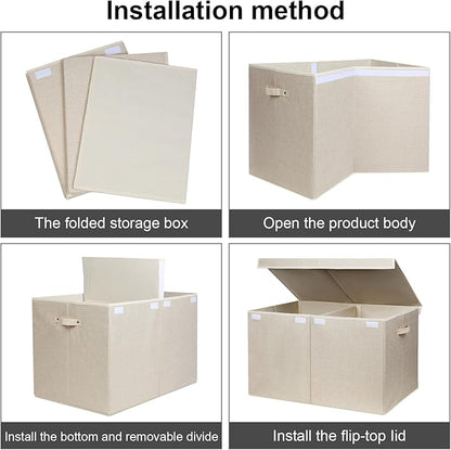 popoly 122L Large Toy Box Chest with Lid, Foldable Toy Storage Organizer Bin Boxes with Removable Divider for Kids, Boys, Girls, Nursery, Playroom, 26"x17" x17" (Linen Beige)