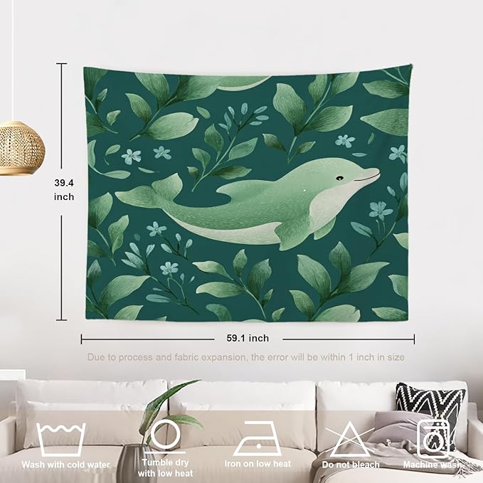 Batmerry Cute Dolphin Tapestry, Green Dolphin With Leaves Wall Art Hanging Decoration Polyester Fiber White Ruffled Around for Dorm Room Bedroom Living Room, 39.1x59.1 inches