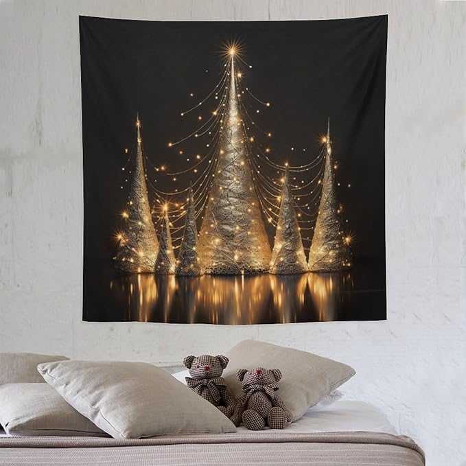 MaSiledy Silver Lighted Christmas Trees Wall Tapestry Happy New Year Vintage Aesthetic Tapestry Wall Hanging Landscape Tapestry Wall Art for Bedroom Wall Hanging for Room 60"x60"