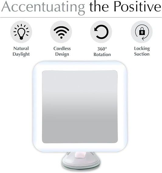 Fancii 10X Magnifying Lighted Makeup Mirror - Daylight LED Vanity Mirror - Compact, Cordless, Locking Suction, 6.5" Wide, 360 Rotation, Portable Illuminated Bathroom Mirror (Square)