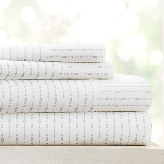 Linen Market 4 Piece King Sheet Set - Breathable, Double-Brushed Patterned Cooling Sheets – Oeko-TEX Certified Ultra Soft & Wrinkle-Free 16" Deep-Pocket King Sheets - Easy Care Beaded Arrows Gray