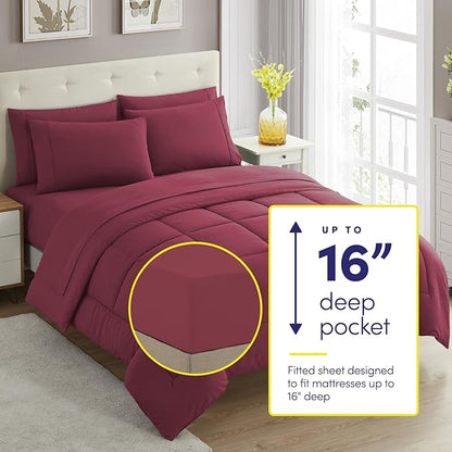 Sweet Home Collection 7 Piece Comforter Set Bag Solid Color All Season Soft Down Alternative Blanket & Luxurious Microfiber Bed Sheets, Burgundy, Twin